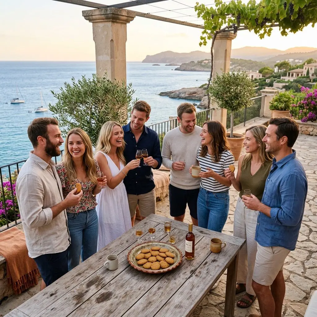 A beautiful golden sunset veranda gathering on a coastal estate overlooking a sparkling blue ocean. Exactly eight young adult guests, consisting of four couples, are laughing and sharing big, soft ginger cookies from a ceramic platter, while clinking glasses of amber-colored dessert wine and warm mugs.