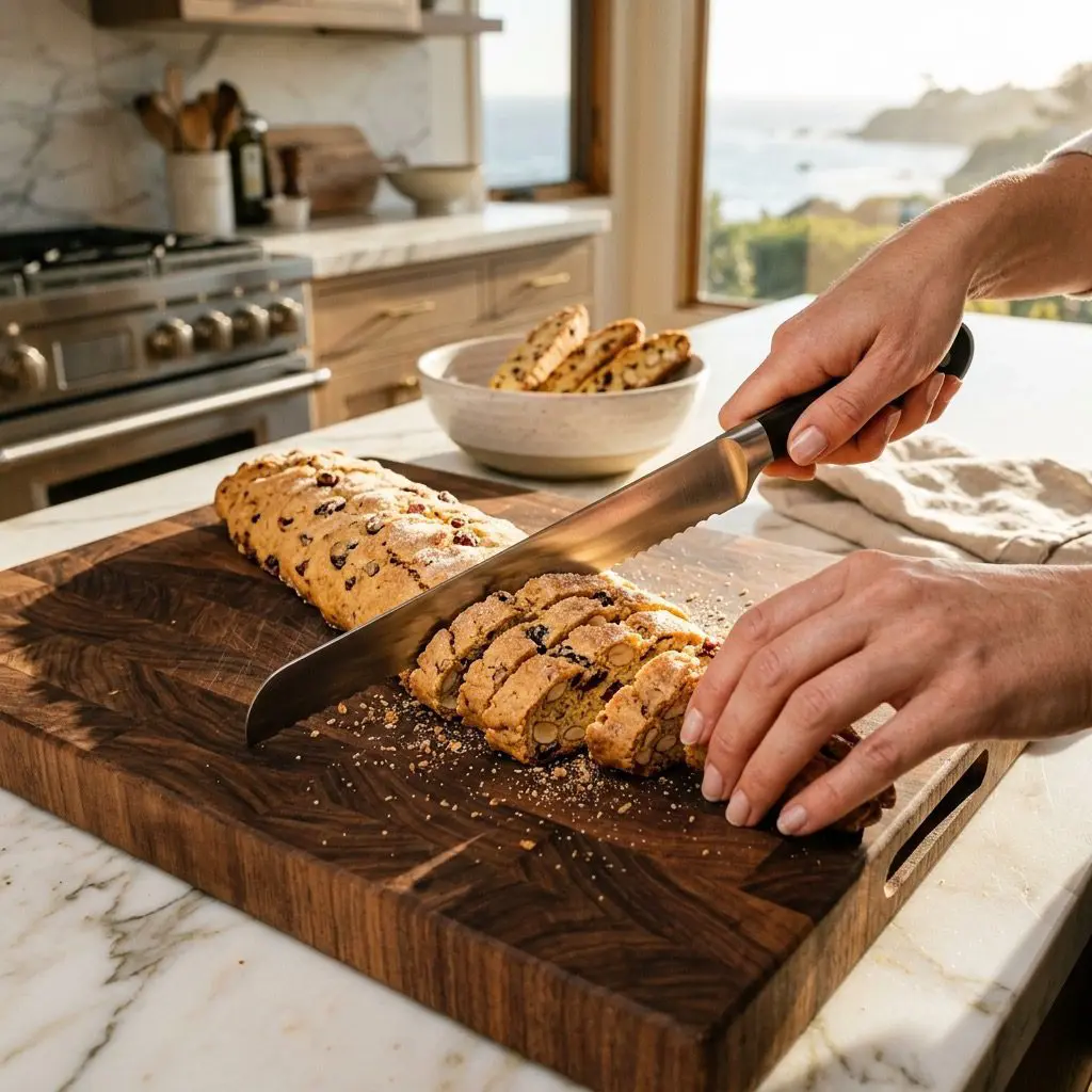 Clean hands using a serrated knife to slice the warm baked biscotti log diagonally into neat half-inch slices on a beautiful rustic walnut cutting board in a sun-drenched estate kitchen.