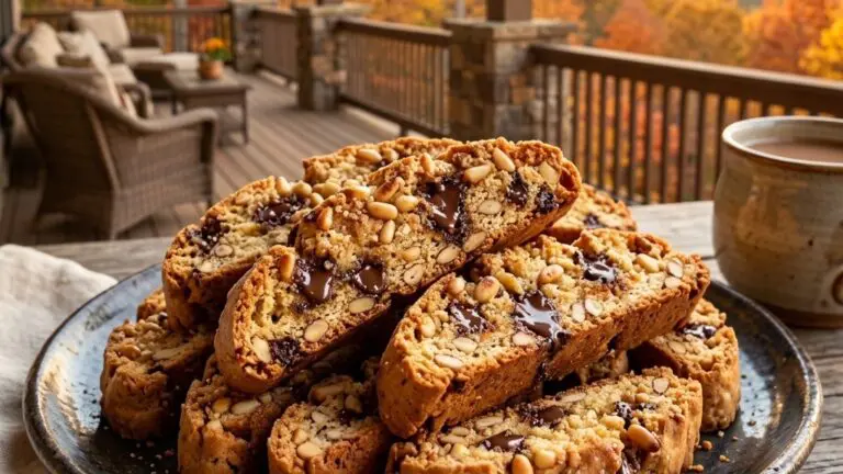 Stunning plated serving of Biscotti with Brown-Sugared Pine Nuts and Chocolate Chips, a chef-tested recipe by Chef Jorj Morgan.