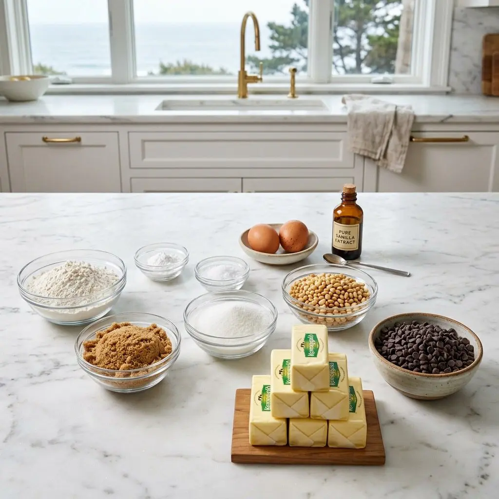 An overhead, neatly organized mise en place for twice-baked biscotti on a rustic soapstone countertop. Styled white ceramic bowls contain mini chocolate chips, room temperature butter, farm-fresh eggs, flour, granulated and brown sugars, cornstarch, vanilla extract, and a mound of chopped pine nuts.