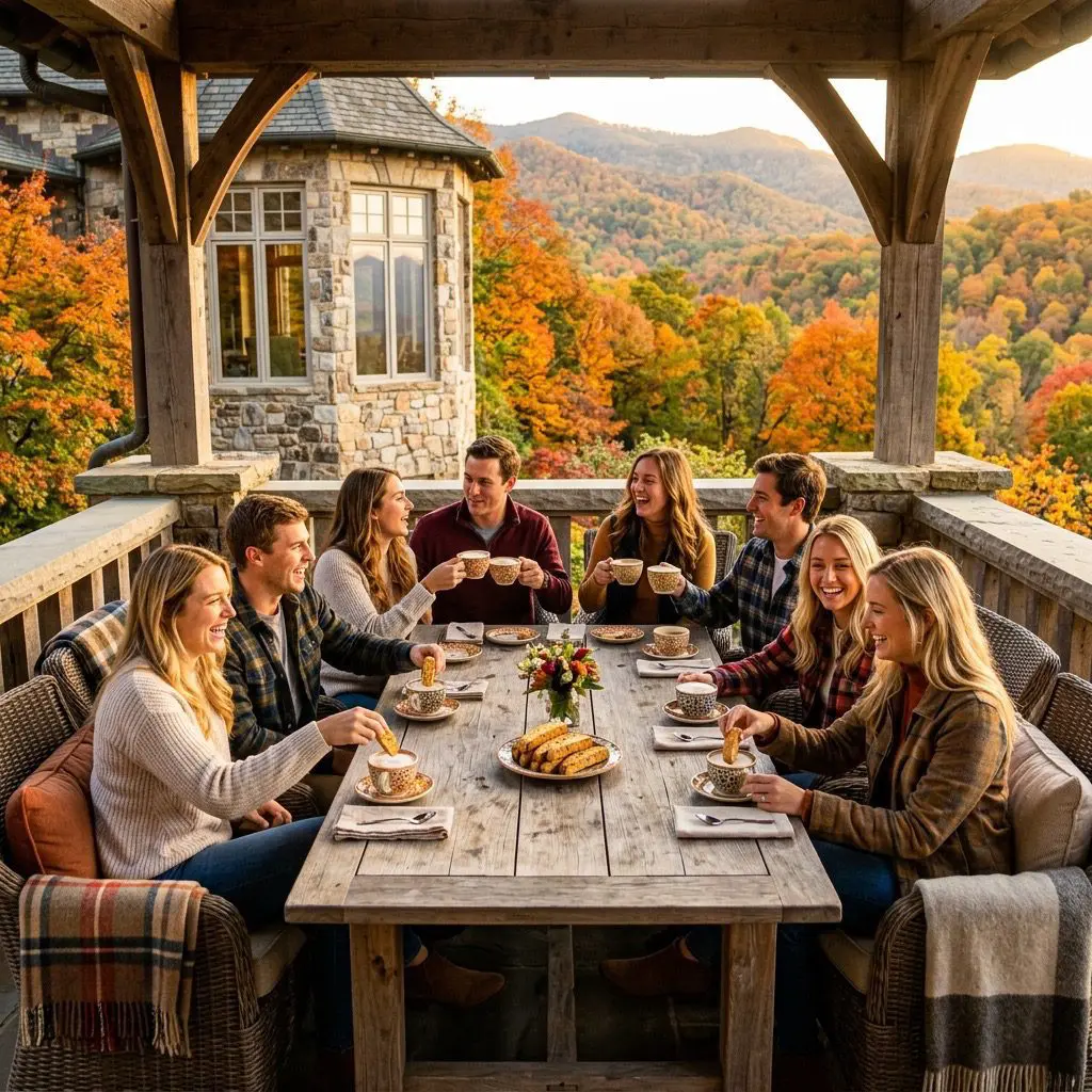 Exactly eight young adult guests enjoying dessert, laughing, and dipping golden biscotti into warm cappuccino cups on a sun-drenched veranda overlooking a beautiful North Carolina autumn landscape of warm-colored foliage.