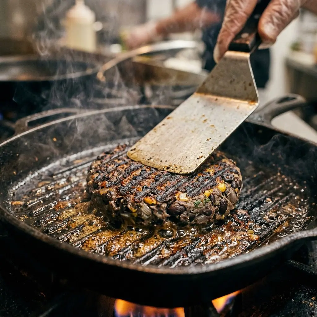 Extreme close-up action shot gently pressing down on a thick, dark black bean patty searing on a smoking hot grill pan, forming beautiful caramelized grill marks