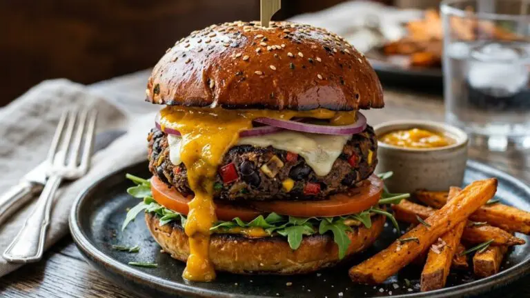 Stunning plated serving of Black Bean Burgers with Spiced Chutney Mayo Sauce, a chef-tested recipe by Chef Jorj Morgan.