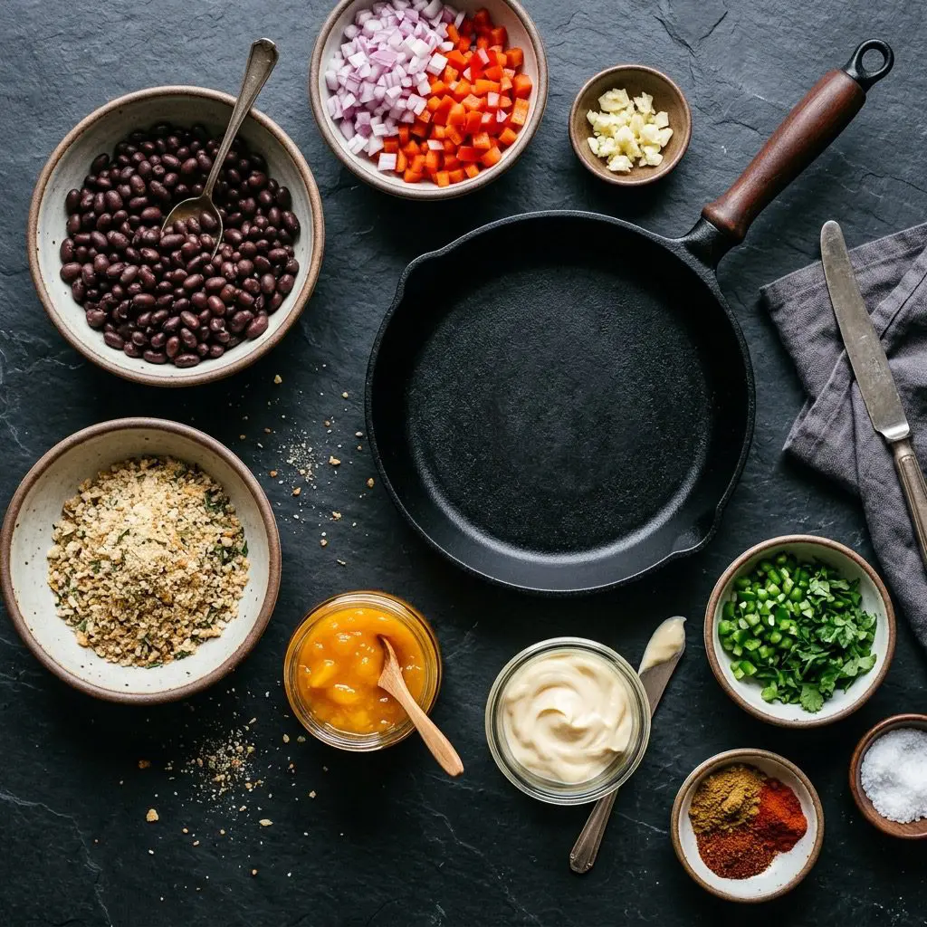 Overhead prep shot of fresh ingredients for gourmet Black Bean Burgers, including black beans, onions, bell peppers, breadcrumbs, mango chutney, and spices arranged around a cast-iron skillet