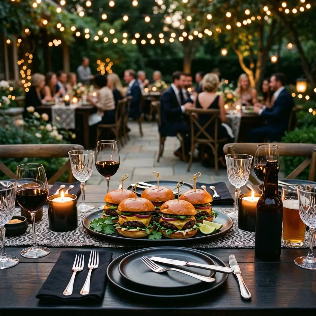A formal evening outdoor dinner table setting featuring a platter of gourmet Black Bean Burgers loaded with mango chutney mayo, with a patio gathering in the background.