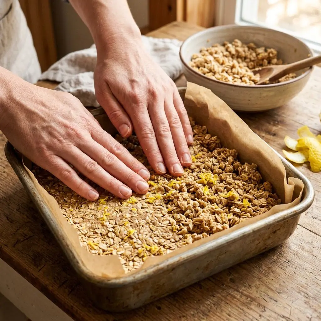 Clean hands pressing half of the coarse, crumbly oat bar dough into the bottom of a square baking pan. The crumbly oat mixture shows rich textures of rolled oats, flour, and specks of bright yellow lemon zest under warm, sunny kitchen light.
