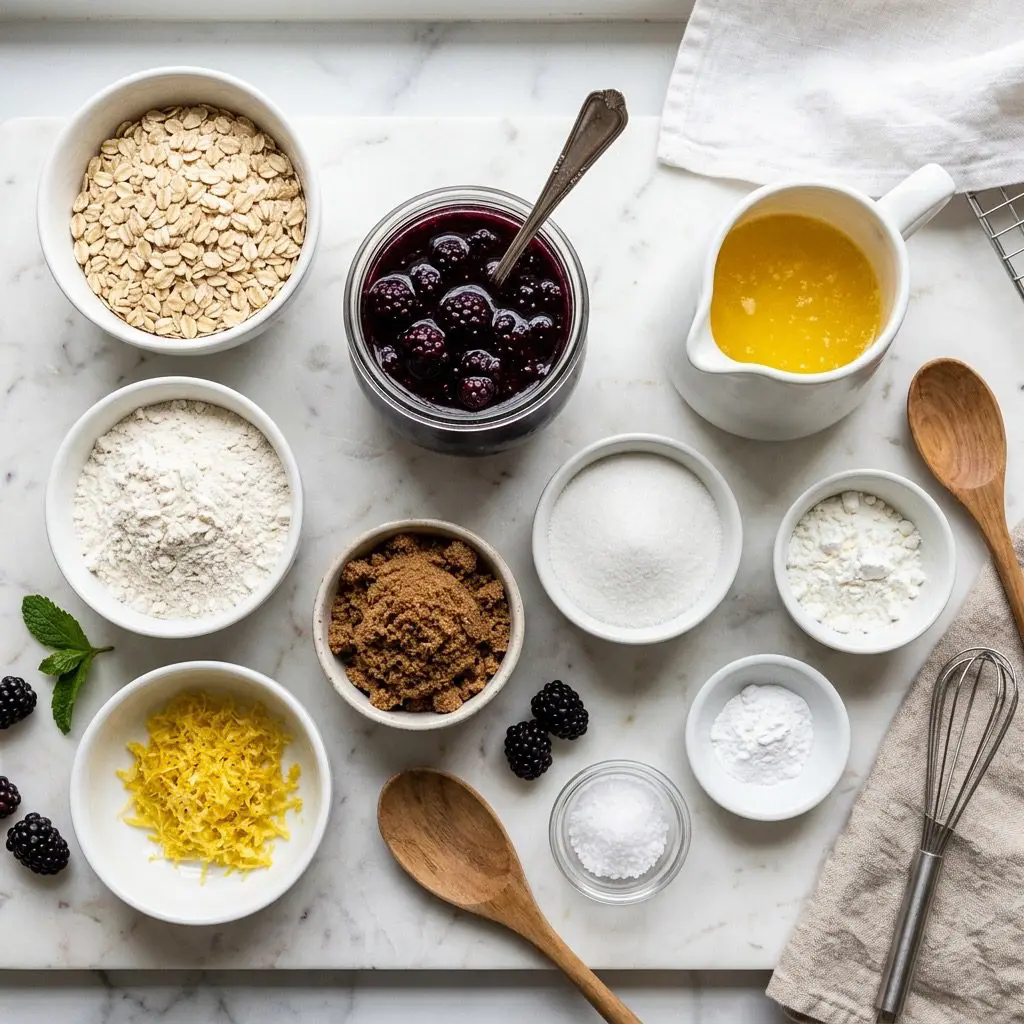 An overhead, neatly organized mise en place for blackberry jam oat bars on a white marble countertop. Styled white ceramic bowls contain rolled oats, melted butter in a pitcher, flour, granulated and dark brown sugars, baking powder, a heap of fresh lemon zest, cornstarch, and a jar of deep purple blackberry jam with a silver spoon.