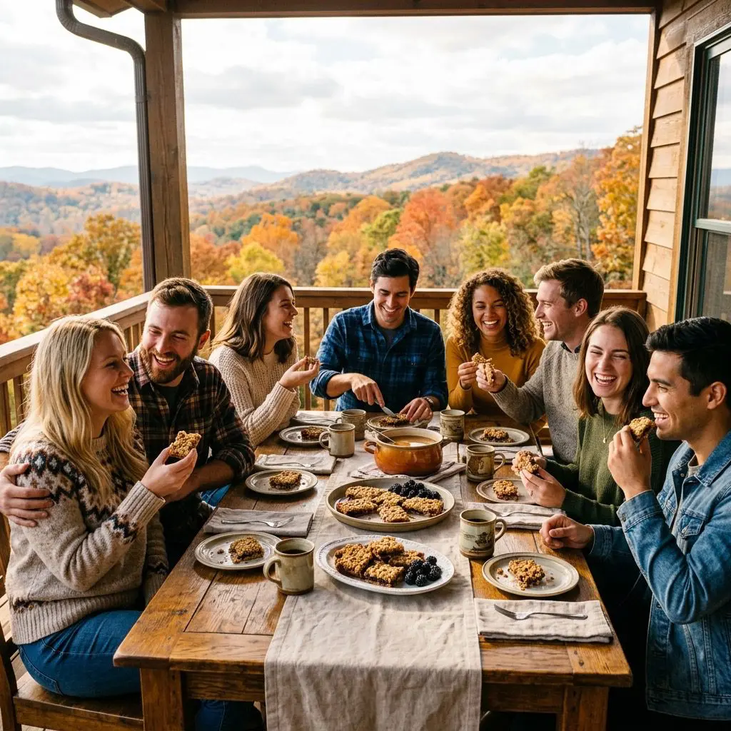 Exactly eight young adult guests enjoying dessert, laughing, and sharing golden blackberry jam oat bars on a sun-drenched veranda overlooking a beautiful North Carolina autumn landscape of warm-colored foliage.