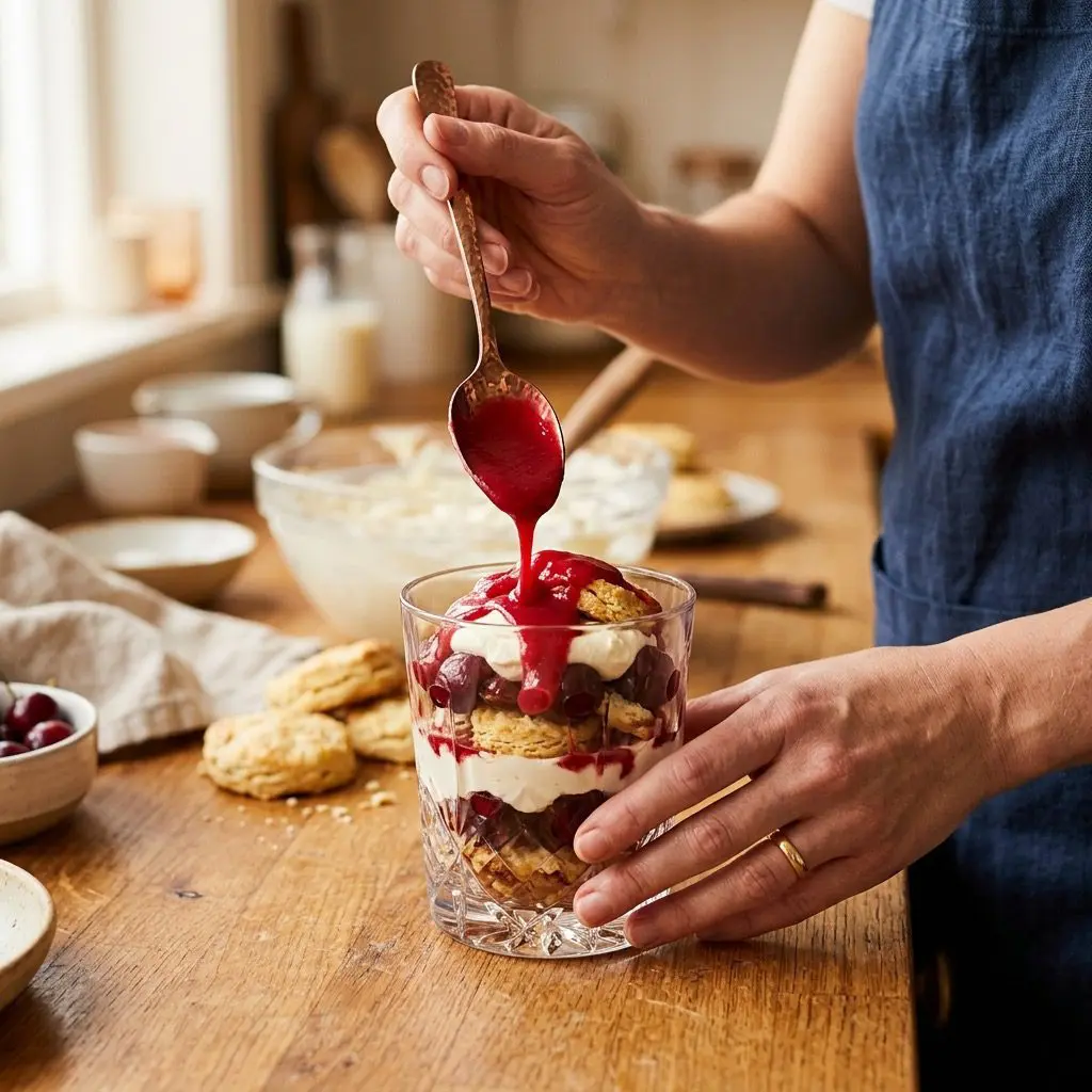 Clean hands layering pieces of golden-brown buttermilk biscuits, rich dark red cherries, and velvety white mascarpone cream inside a crystal dessert glass on a wooden counter, with a copper spoon pouring a vibrant crimson blood orange curd on top. Warm, soft kitchen lighting.