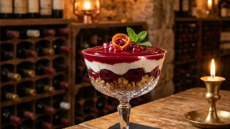 Stunning plated serving of Blood Orange Curd Parfaits with Cherries and Cream, a chef-tested recipe by Chef Jorj Morgan.