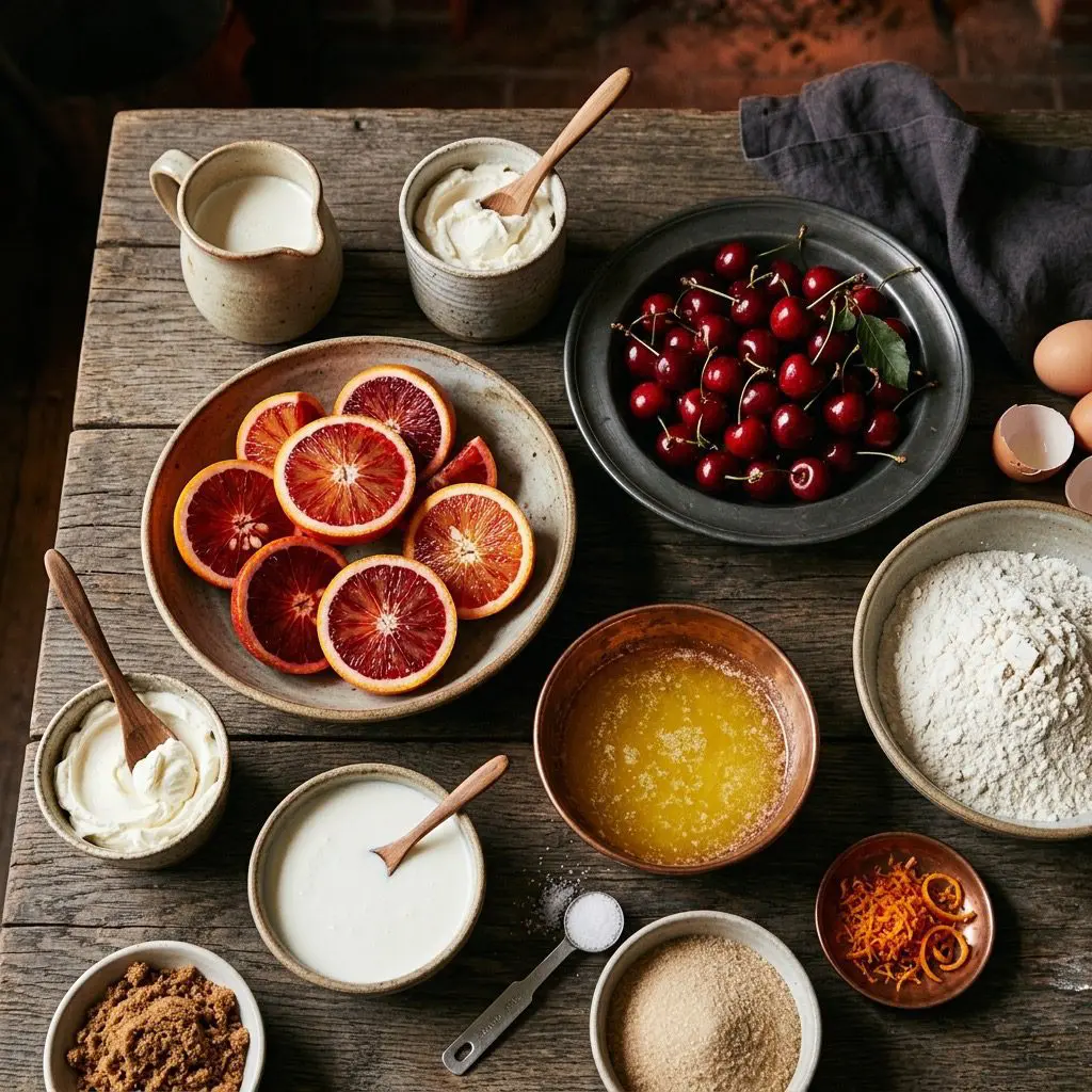 Raw ingredients arranged in warm copper bowls and stoneware dishes on a weathered dark wood table: halved vibrant blood oranges showing their rich crimson interiors, fresh glossy red cherries in a pewter bowl, a small glass pitcher of heavy cream, a tub of white mascarpone, a ceramic bowl of buttermilk, golden melted butter, baking ingredients in stoneware bowls, and fresh blood orange zest. Warm, soft fireplace lighting casting long, gentle shadows.