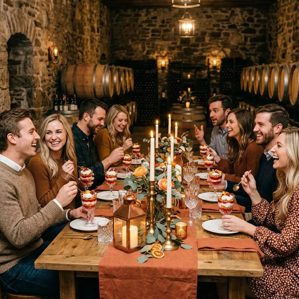 Eight guests laughing, sharing stories, and enjoying custom blood orange curd parfaits in crystal glasses. They are gathered around a long reclaimed pine table inside the cozy stone wine cellar of a historic North Carolina Estate, decorated with warm terracotta linen runners, glowing copper lanterns, and brass candelabras.
