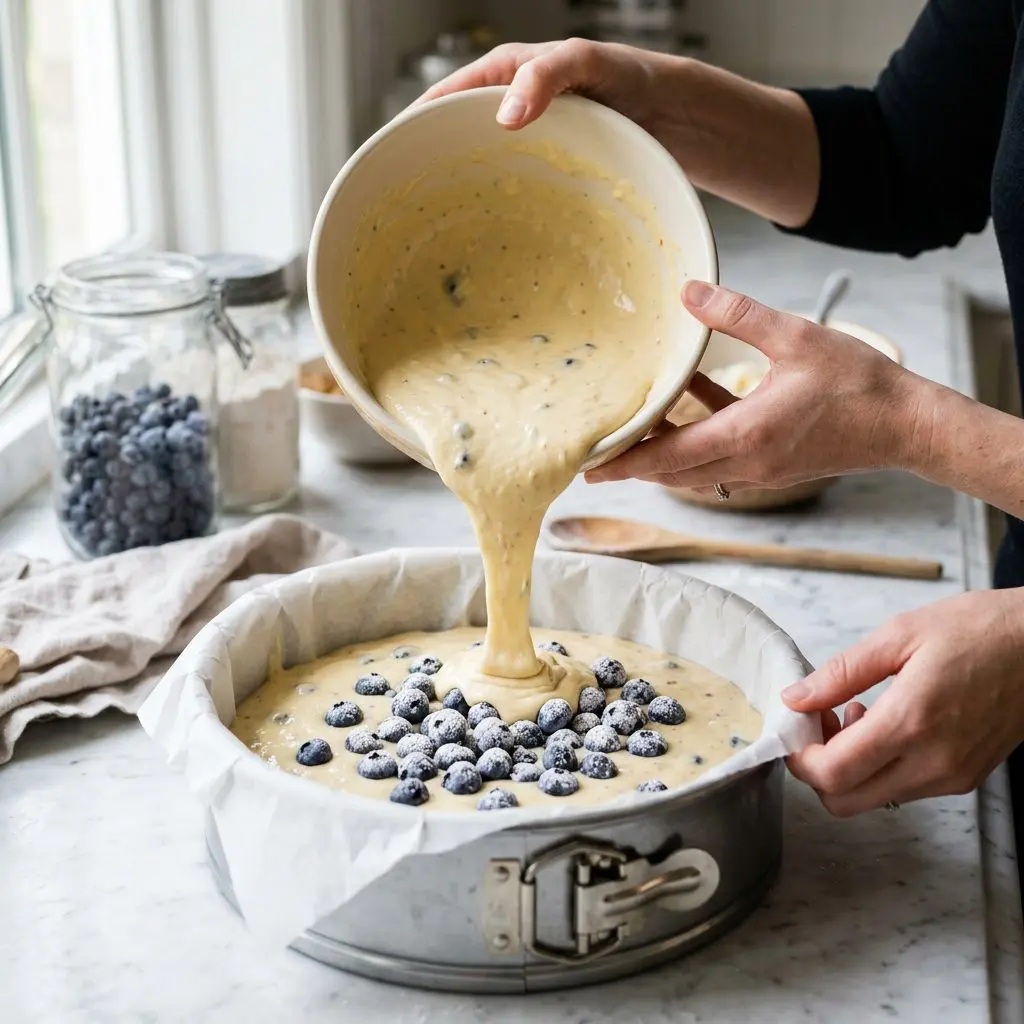 Clean hands gently pouring thick, rich, pale-yellow cake batter into a 9-inch springform pan lined with parchment paper, with half of the plump, cornstarch-dusted blueberries scattered in the center layer.