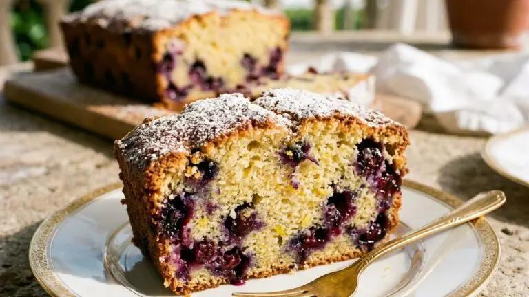 Stunning plated serving of Blueberry-Lemon Sour Cream Cake, a chef-tested recipe by Chef Jorj Morgan.