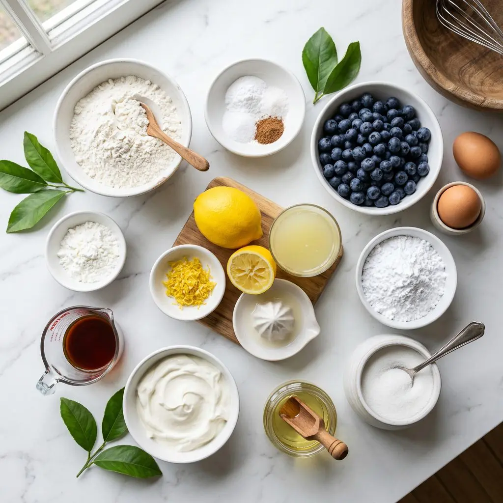 An overhead ingredients mise en place for a blueberry lemon sour cream cake styled on a white marble countertop under soft natural light. High-quality white ceramic bowls hold all-purpose flour, baking powder, ground nutmeg, kosher salt, eggs, granulated sugar, rich sour cream, vegetable oil, vanilla extract, a bright yellow Meyer lemon and fresh juice, plump blueberries, cornstarch, and confectioners' sugar.