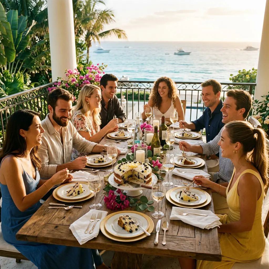 Exactly eight young adult guests enjoying dessert, laughing, and sharing slices of Blueberry-Lemon Sour Cream Cake on a luxury estate veranda overlooking a gorgeous, sun-drenched coastline view.