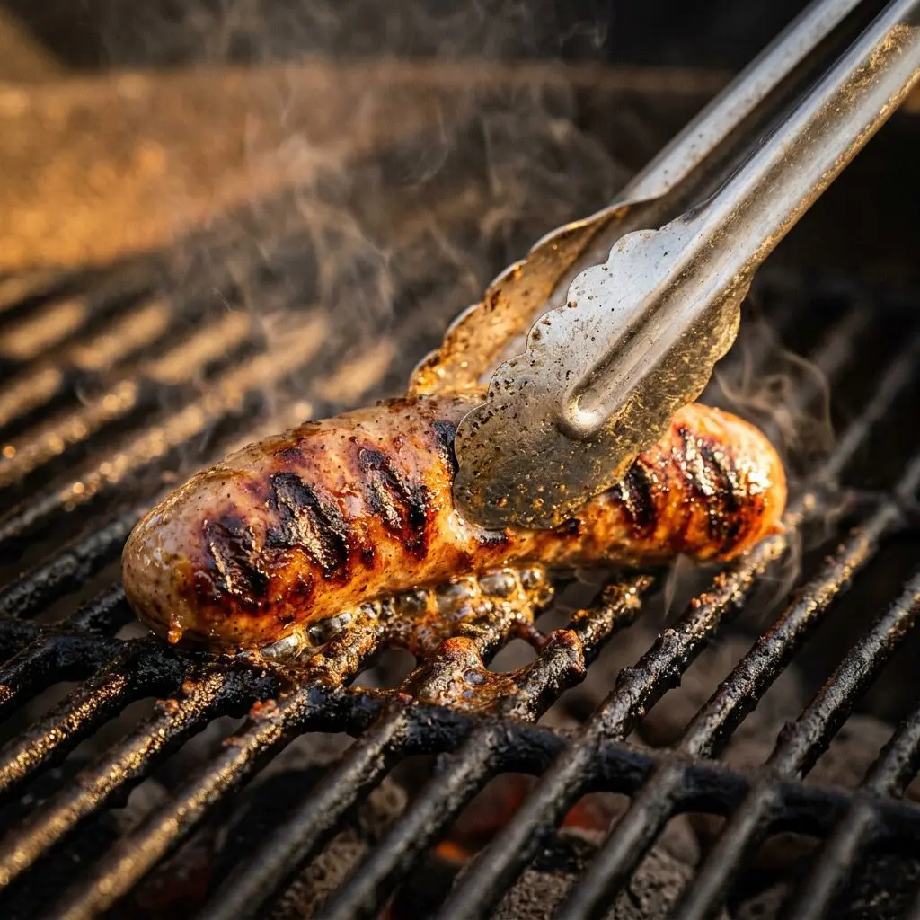 Extreme close-up action shot using silver metal tongs to rotate a thick, juicy bratwurst sausage searing and forming caramelized grill marks on a hot grill