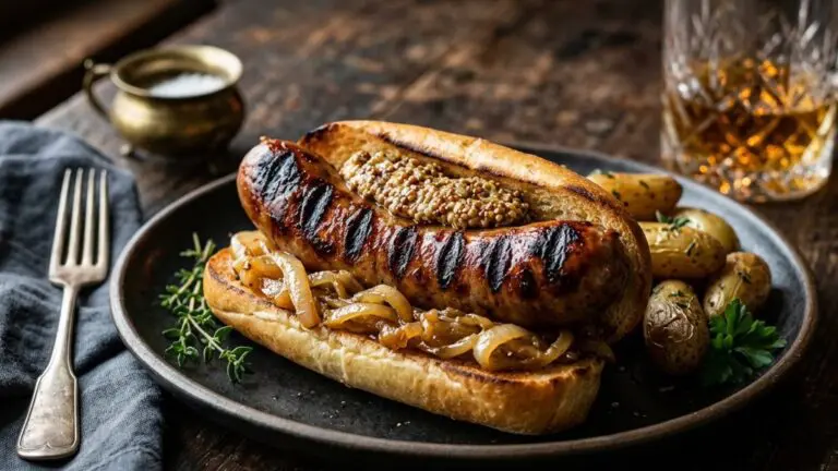 Stunning plated serving of Boiled then Grilled Bratwurst, a chef-tested recipe by Chef Jorj Morgan.