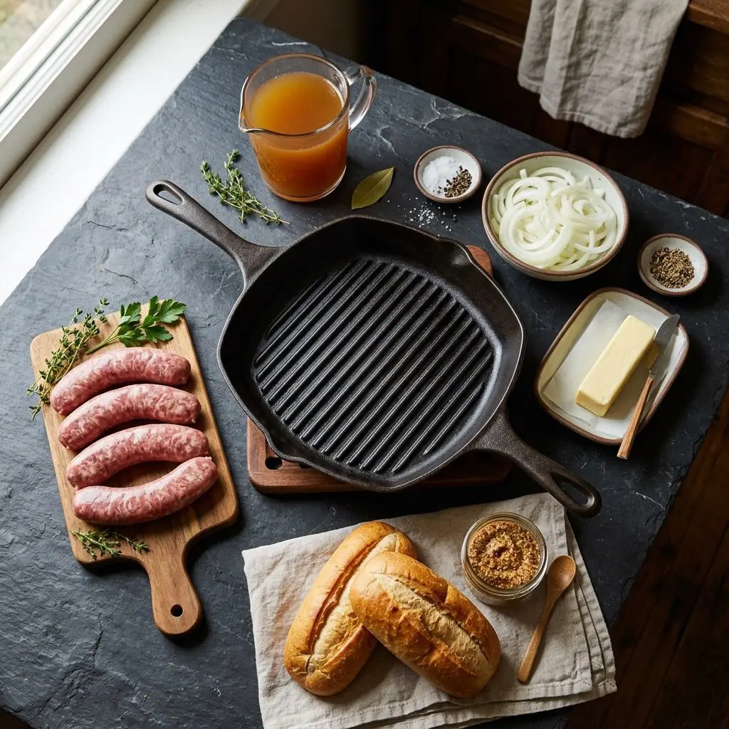 Overhead prep shot of fresh ingredients for Boiled then Grilled Bratwurst, including fresh bratwurst links, butter, sliced onions, chicken stock, hoagie rolls, and spicy mustard
