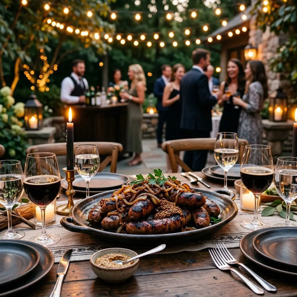 A formal evening outdoor dinner table setting featuring a platter of gourmet Grilled Bratwurst loaded with braised onions and mustard, with a patio gathering in the background.