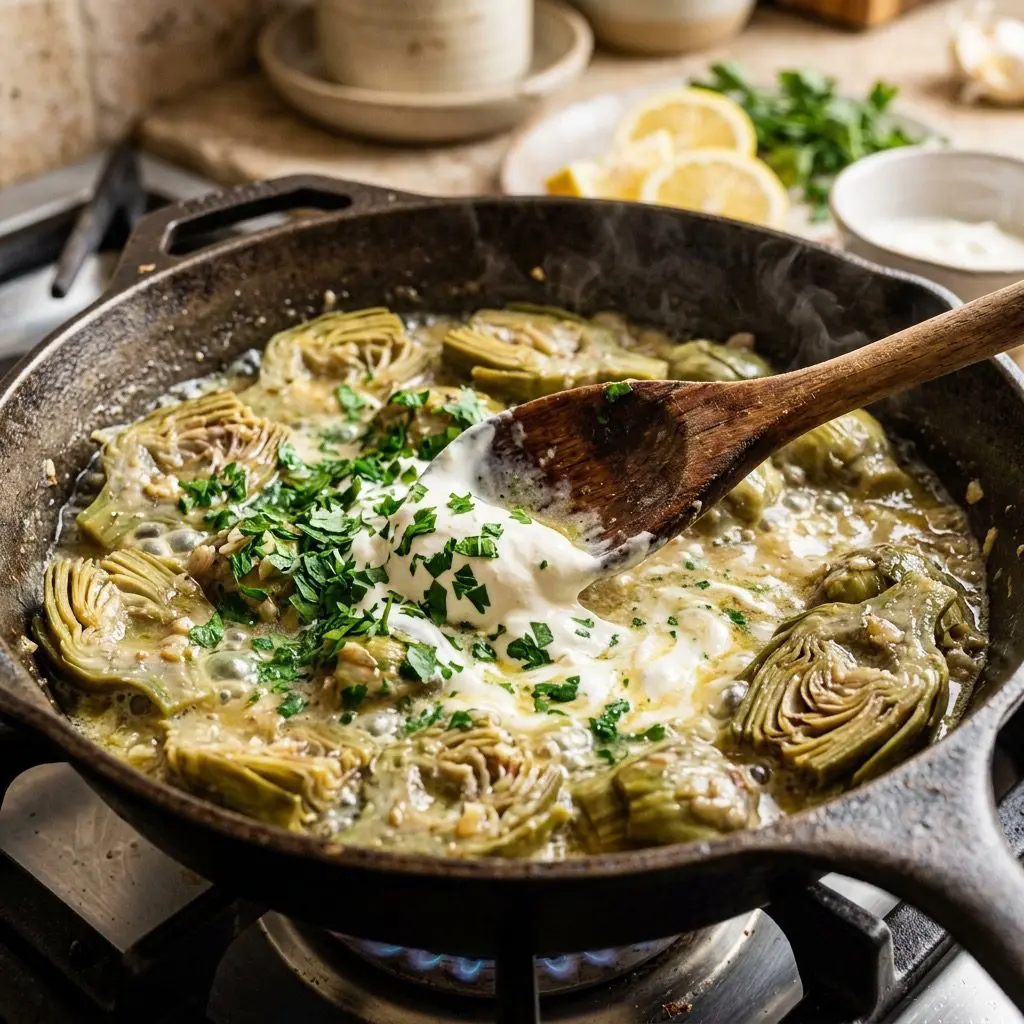 Extreme close-up action shot stirring sour cream and parsley into braised baby artichokes