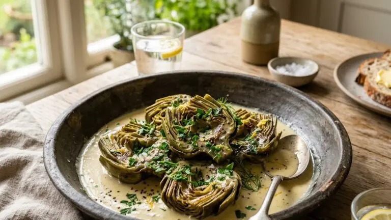 Stunning plated serving of Braised Baby Artichokes in Lemony Cream Sauce, a chef-tested recipe by Chef Jorj Morgan.