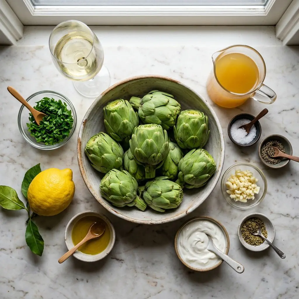 Overhead prep shot of baby artichokes, lemon, olive oil, garlic, white wine, chicken stock, oregano, sour cream, parsley, salt, and pepper