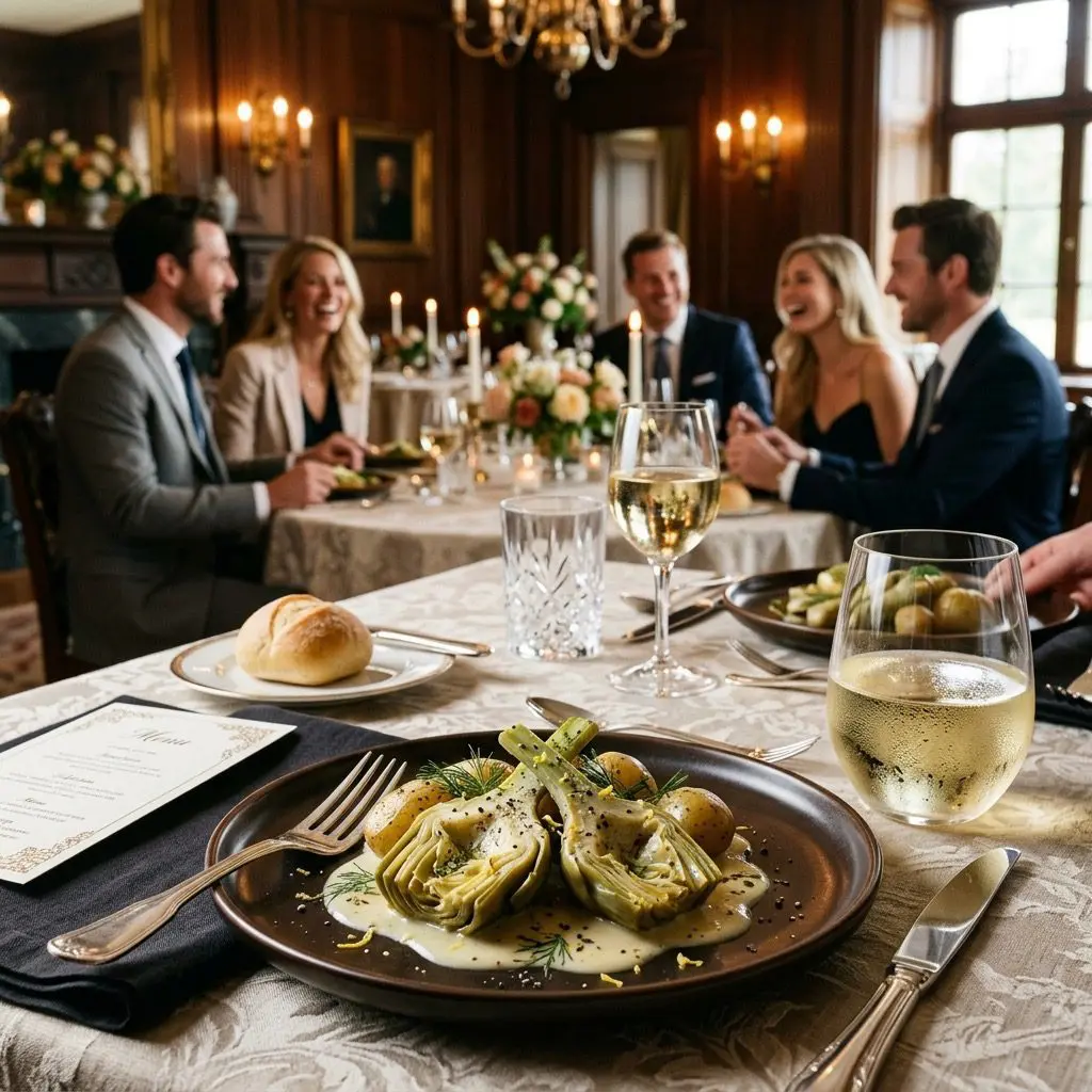 An elegant, formal luncheon table setting featuring Braised Baby Artichokes, with a luncheon in the background