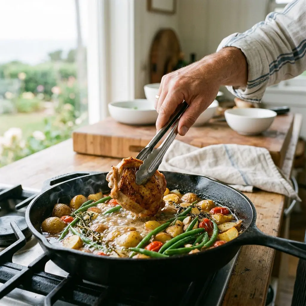 A cook's hand using metal tongs to nestle a golden-brown, seared chicken thigh into a bubbling cast-iron skillet filled with potatoes, green beans, blistered tomatoes, and savory broth.