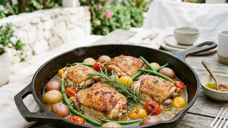 Stunning plated serving of Braised Chicken with Potatoes, Green Beans, and Tomatoes, a chef-tested recipe by Chef Jorj Morgan.