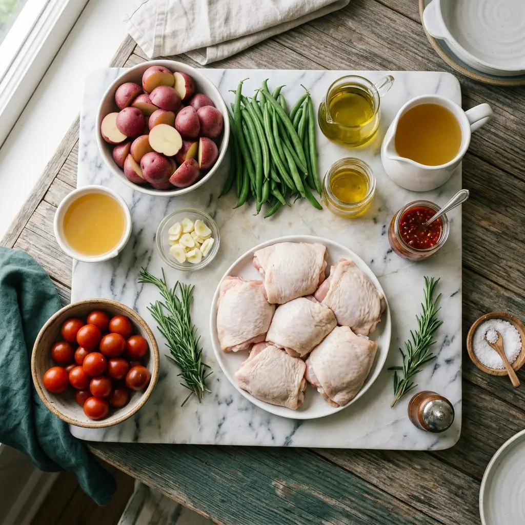 Ingredients arranged: raw bone-in, skin-on chicken thighs, baby red potatoes cut in half, fresh green beans, cherry tomatoes, sliced garlic, olive oil, chicken stock, chili sauce, sprigs of fresh rosemary, salt, and pepper around a marble prep board.
