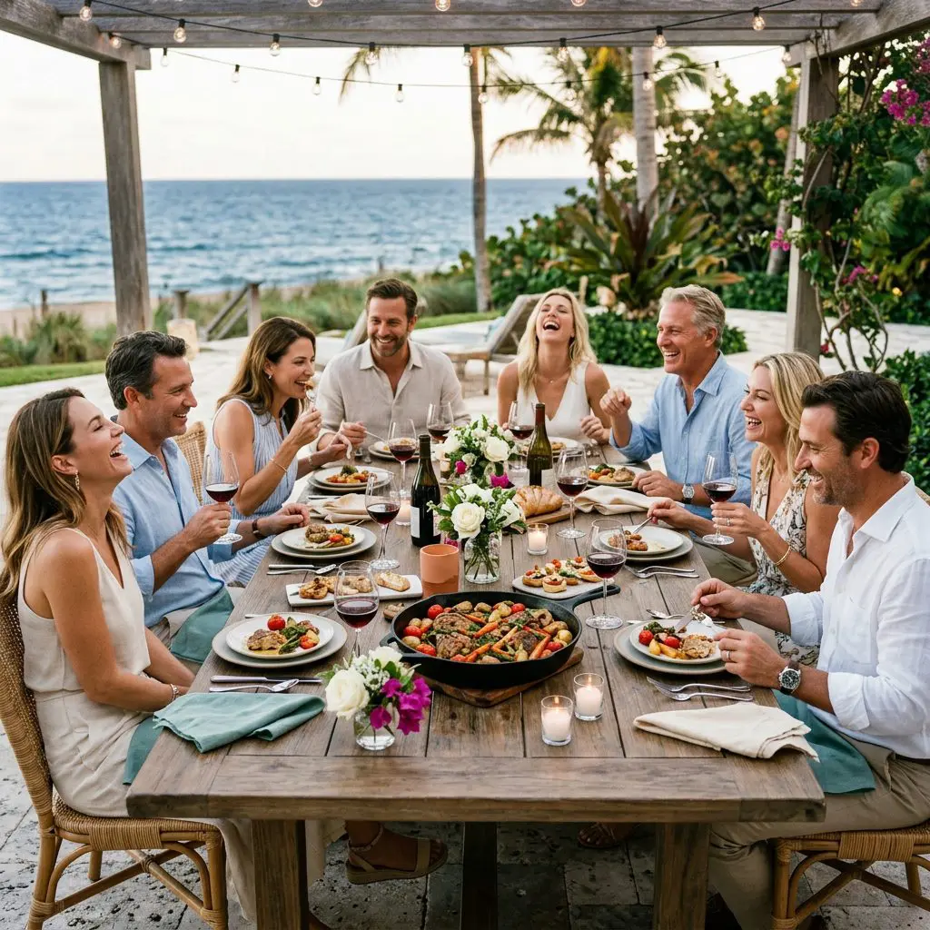 8 guests gathered around the table laughing, eating, and drinking Pinot Noir in a Palm Beach Estate dining patio with ocean views. A beautiful cast-iron skillet of Braised Chicken and vegetables anchors the center of the joyful gathering.