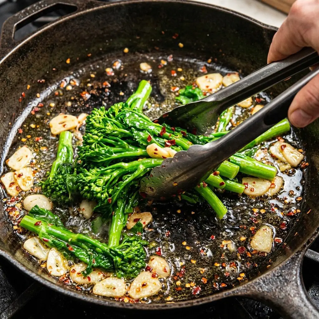 Extreme close-up action shot using metal tongs to toss bright green broccoli rabe in a hot cast iron skillet with garlic, olive oil, and red pepper flakes