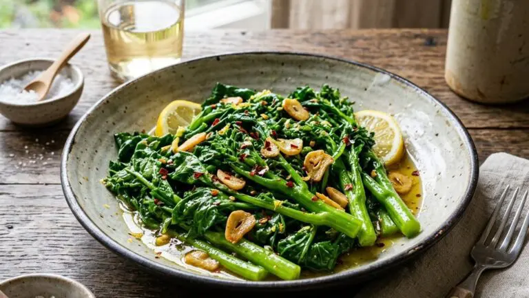 Stunning plated serving of Broccoli Rabe with Garlic, Lemon, and Red Pepper, a chef-tested recipe by Chef Jorj Morgan.