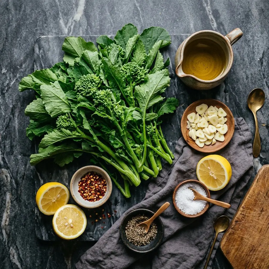 Overhead prep shot of raw broccoli rabe, olive oil, sliced garlic cloves, red pepper flakes, half a lemon, kosher salt, and coarse black pepper