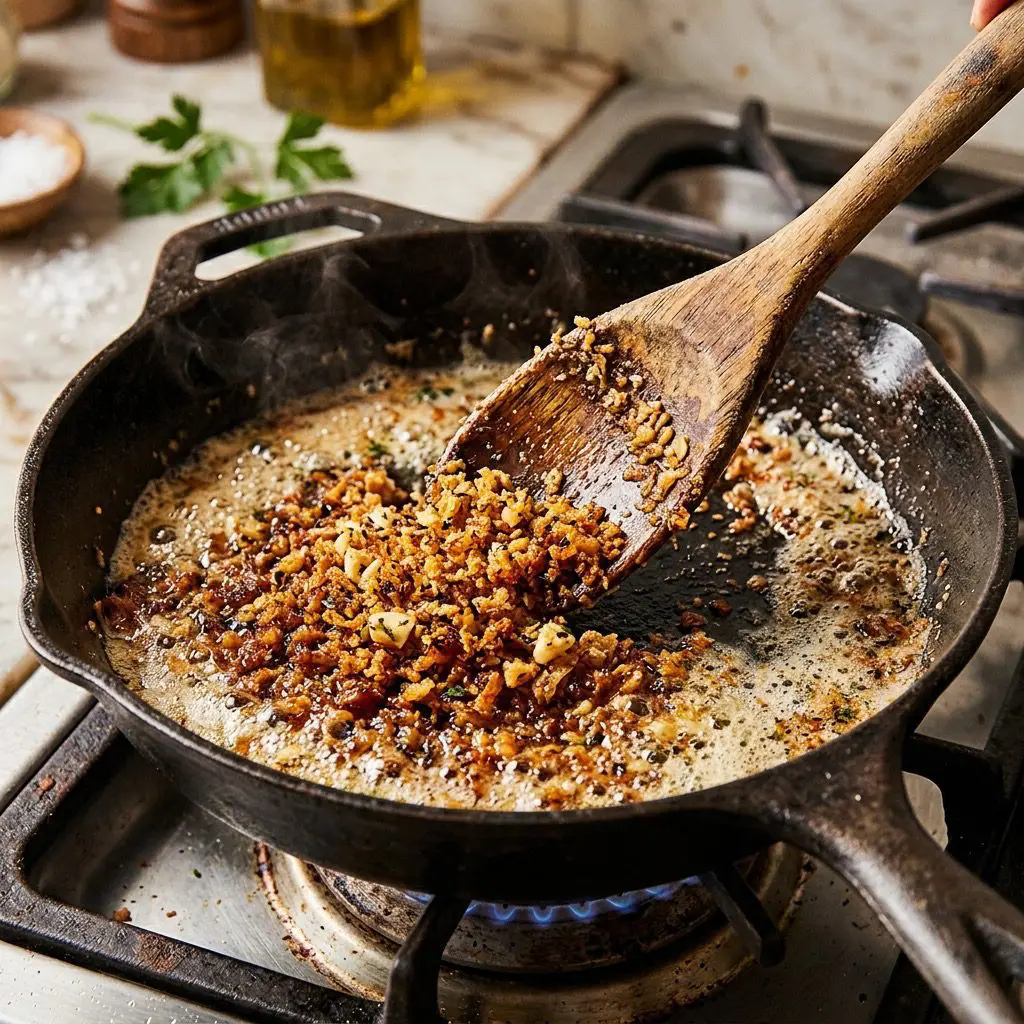 Extreme close-up action shot frying seasoned breadcrumbs in bubbling golden butter and minced garlic