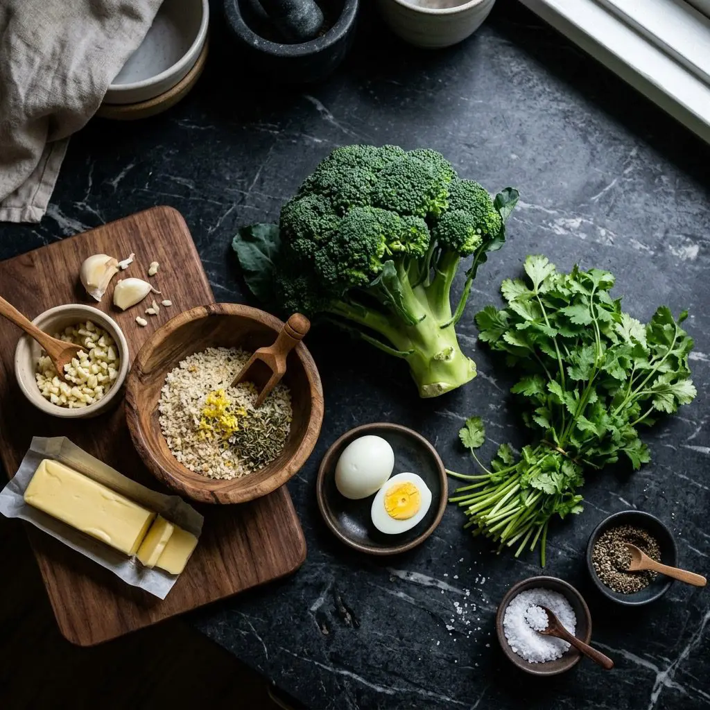 Overhead prep shot of fresh broccoli, butter, minced garlic, seasoned breadcrumbs, a hard-boiled egg, fresh cilantro, kosher salt, and coarse black pepper