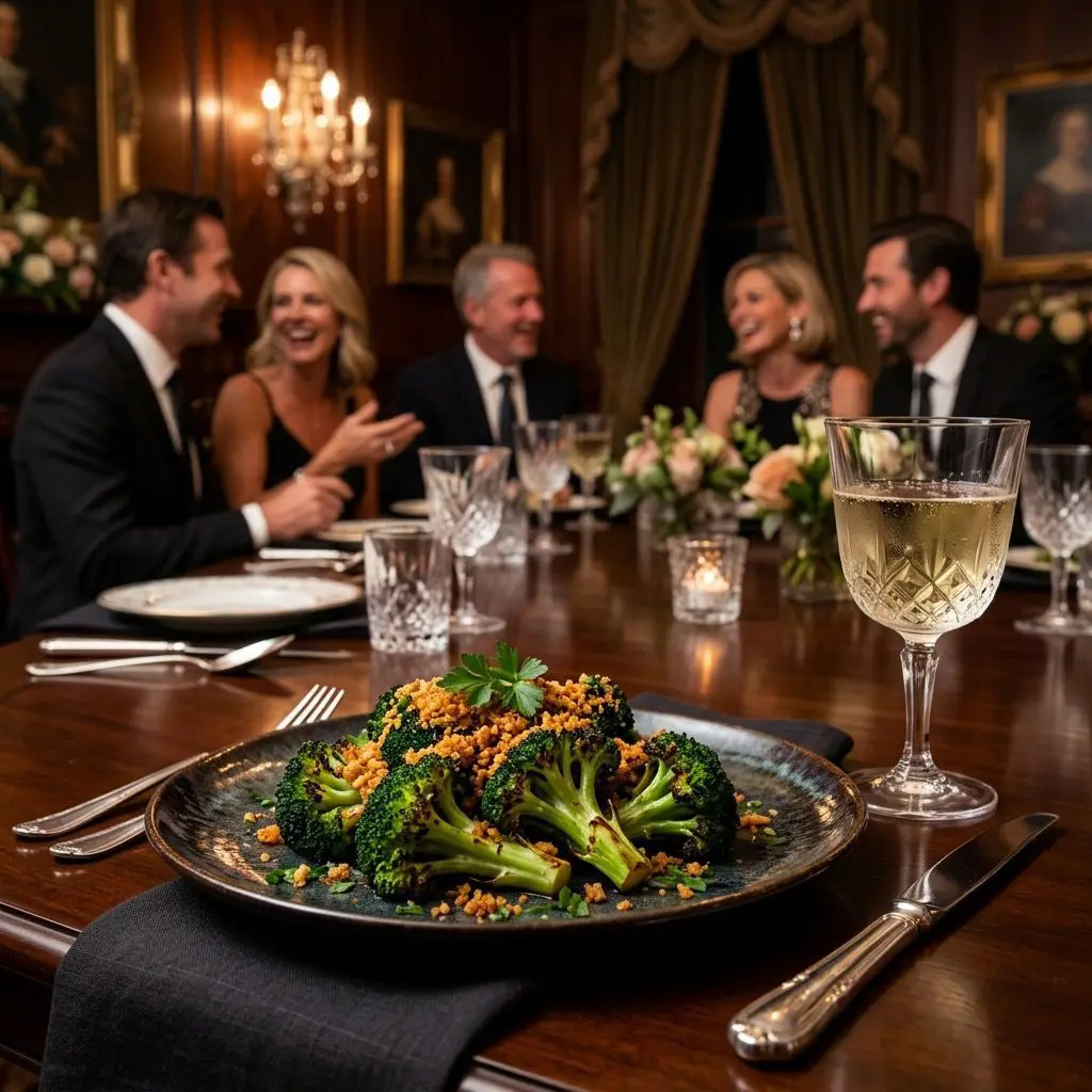 An elegant, formal dinner table setting featuring Baked Broccoli with Crispy Garlic Breadcrumbs, with a dinner party in the background
