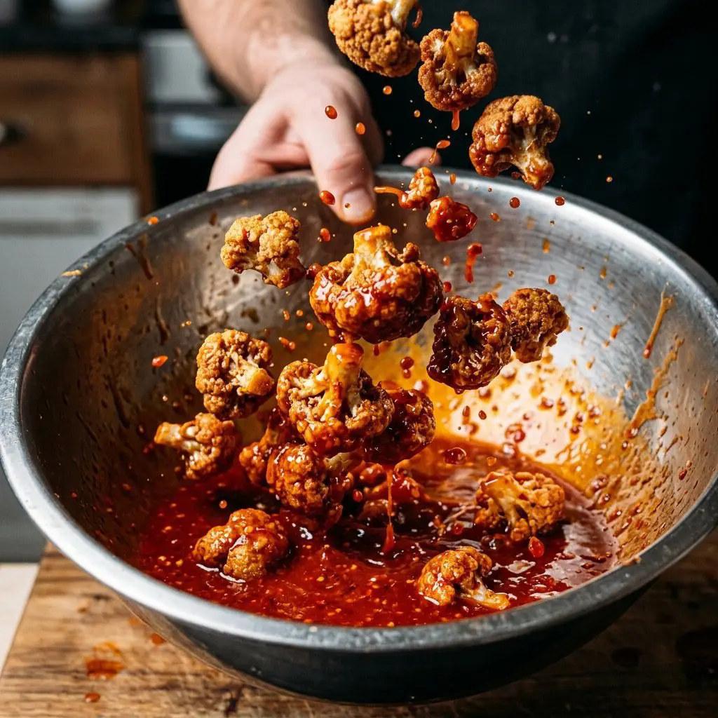 Extreme close-up action shot tossing perfectly fried crispy cauliflower florets in vibrant orange buffalo sauce
