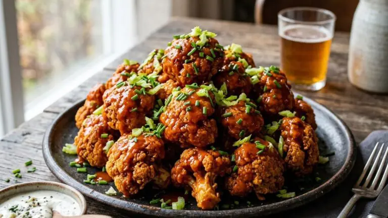 Stunning plated serving of Crispy Cauliflower with Buffalo Sauce, a chef-tested recipe by Chef Jorj Morgan.