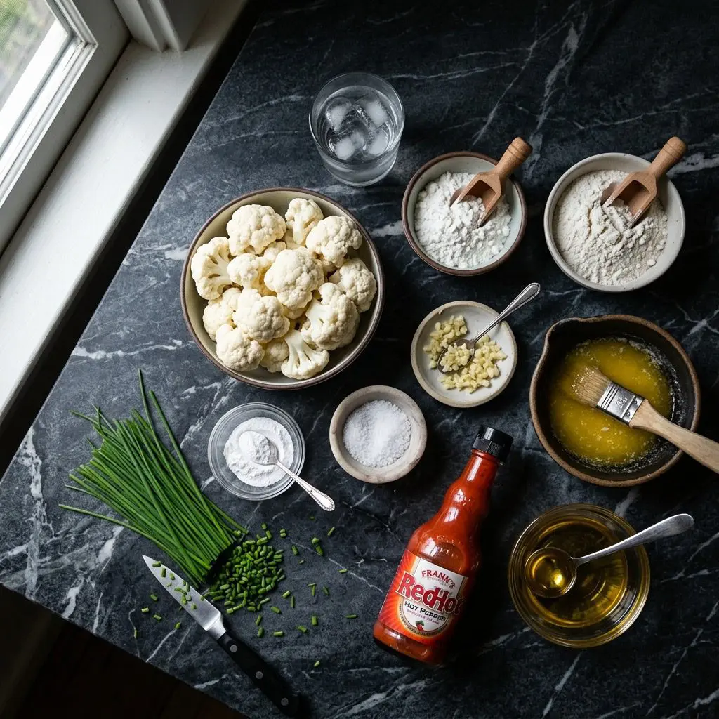 Overhead prep shot of cauliflower florets, vodka, cornstarch, flour, baking powder, kosher salt, minced garlic, melted butter, hot pepper sauce, frying oil, and chives