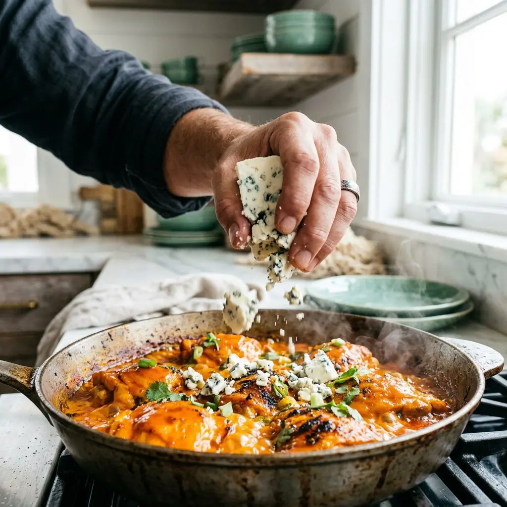 Close-up action shot of a cook's hand aggressively crumbling massive chunks of pungent, cold blue cheese directly over a steaming, bubbling pan of bright-orange, spicy buffalo chicken thighs.