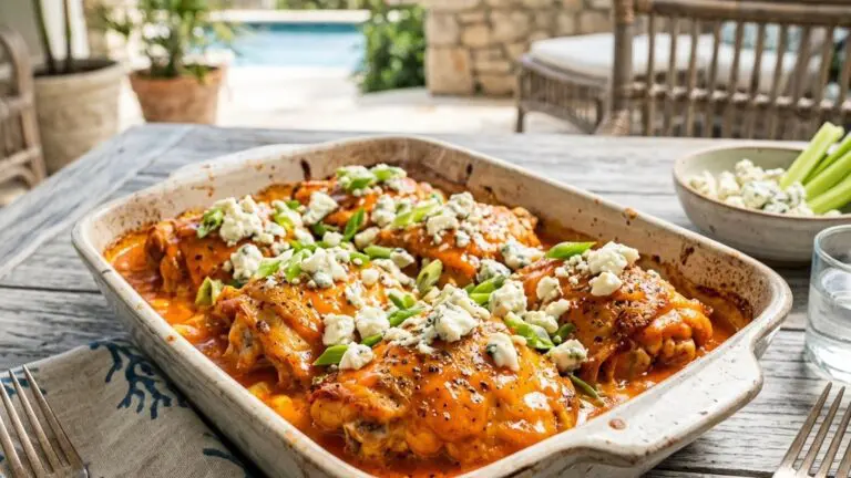 Stunning plated serving of Buffalo Chicken, a chef-tested recipe by Chef Jorj Morgan.
