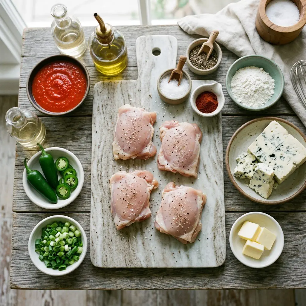Ingredients arranged: raw boneless chicken thighs, bright red hot pepper sauce, white wine vinegar, olive oil, fresh jalapeños, green onions, massive chunks of blue cheese, butter pats, flour, chili powder, salt, and pepper around a marble prep board.
