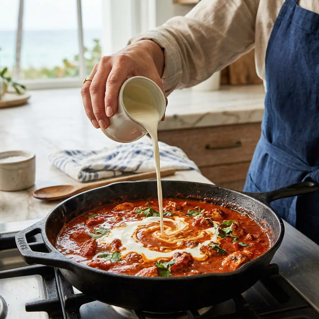 Close-up action shot of a cook's hand pouring a steady, elegant ribbon of thick heavy cream into a heavy cast-iron skillet filled with deep-red, bubbling Butter Chicken sauce.