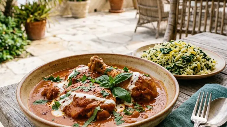 Stunning plated serving of Butter Chicken with Ginger-Lemon Rice, a chef-tested recipe by Chef Jorj Morgan.