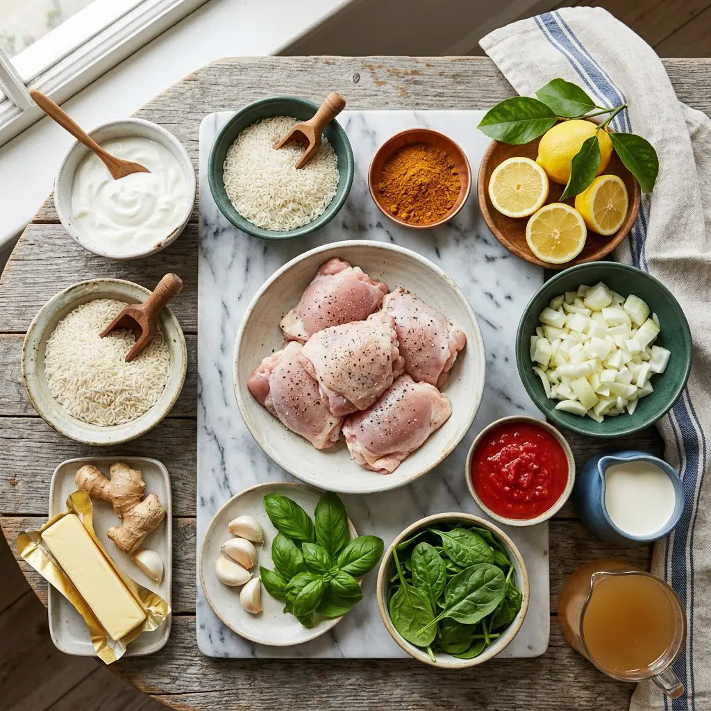 Ingredients arranged: raw bone-in chicken thighs, Greek yogurt, fresh lemons, garam masala, a stick of butter, yellow onions, crushed tomatoes, heavy cream, fresh basil, basmati rice, fresh ginger, garlic, fresh spinach, and chicken stock around a marble prep board.