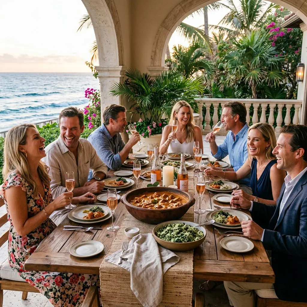 8 guests gathered around the table laughing, eating, and drinking Rosé wine in a Palm Beach Estate dining patio with ocean views. A massive, deep bowl of Butter Chicken and a side bowl of green spinach rice anchor the center of the joyful feast.