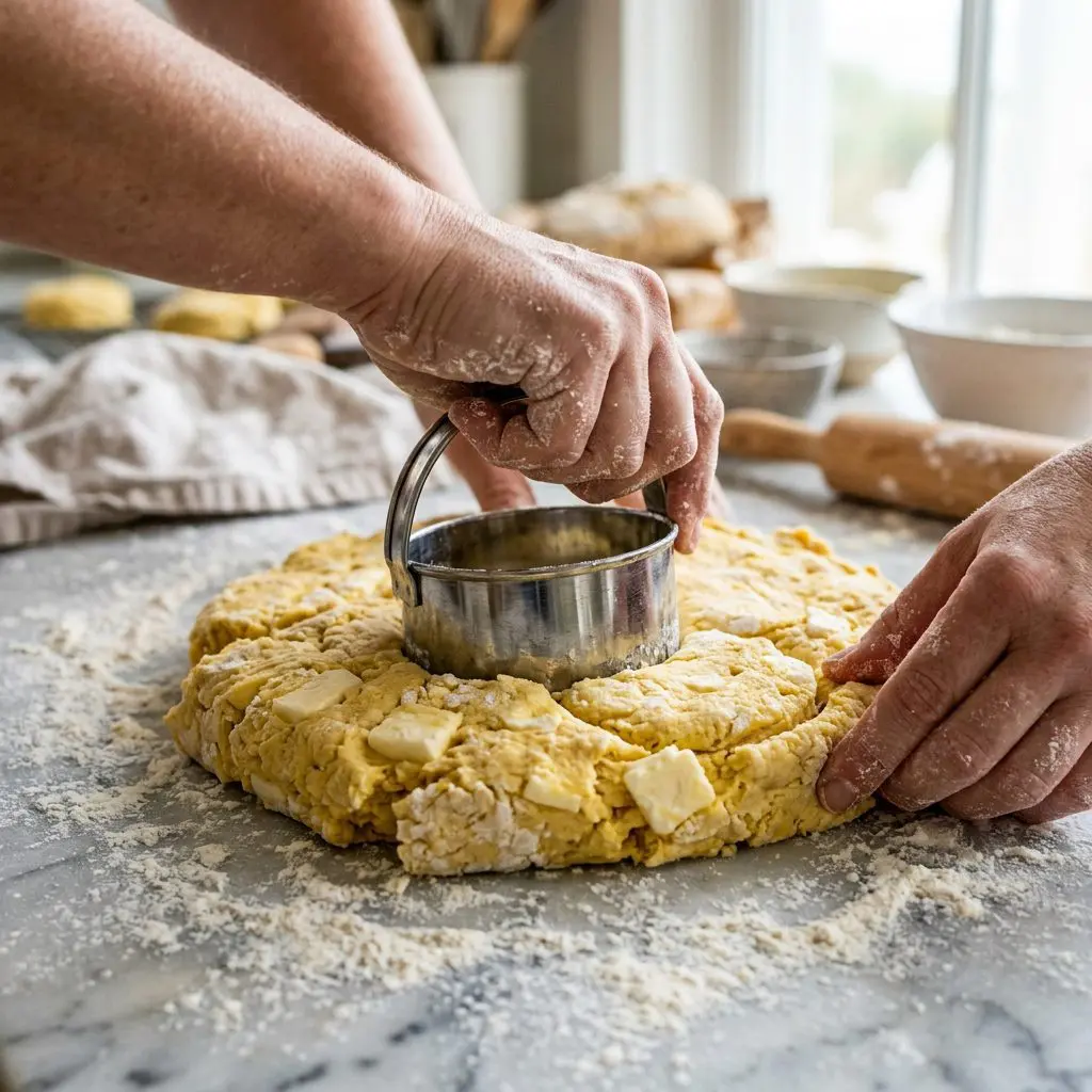 A cook's floured bare hands pushing a sharp metal biscuit cutter straight down into a thick, rich slab of yellow buttermilk dough on a floured marble slab. The intensely sharp cutter is violently slicing through the cold butter chunks embedded in the thick dough.