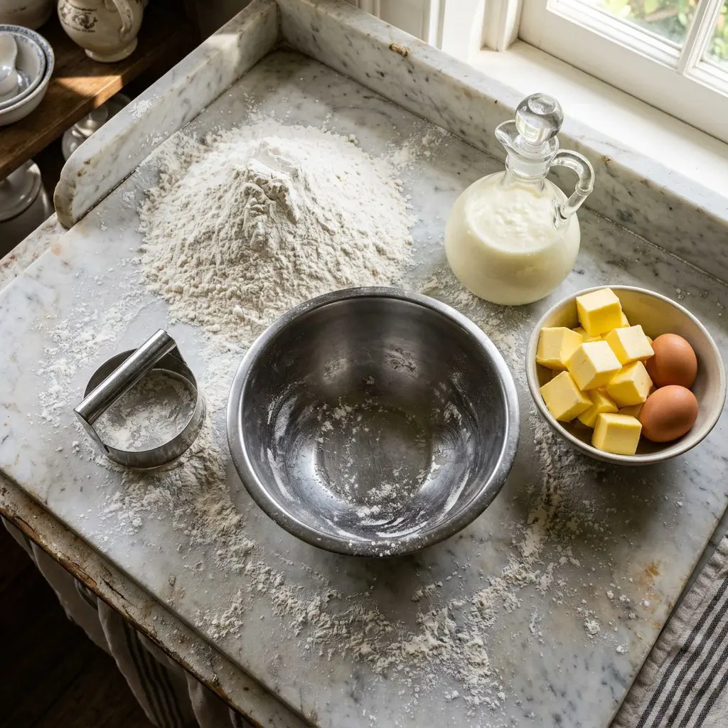 Ingredients arranged: massive mounds of stark white self-rising flour, a heavy glass cruet of thick, rich buttermilk, vibrant yellow, intensely cold butter cubes, and raw eggs surrounding a heavy metal mixing bowl and a sharp silver biscuit cutter on a floured marble prep board.